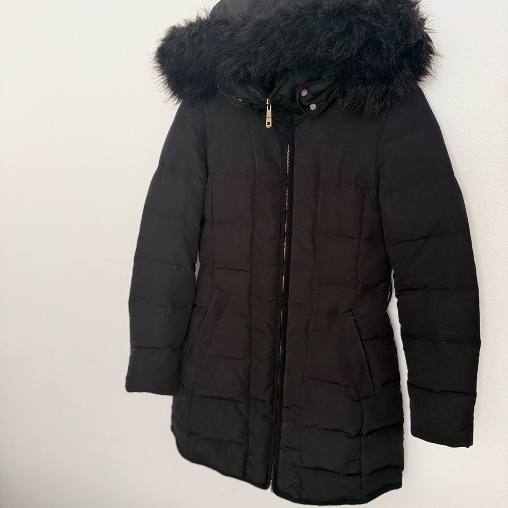 Zara Black Puffer Jacket with Faux Fur Hood